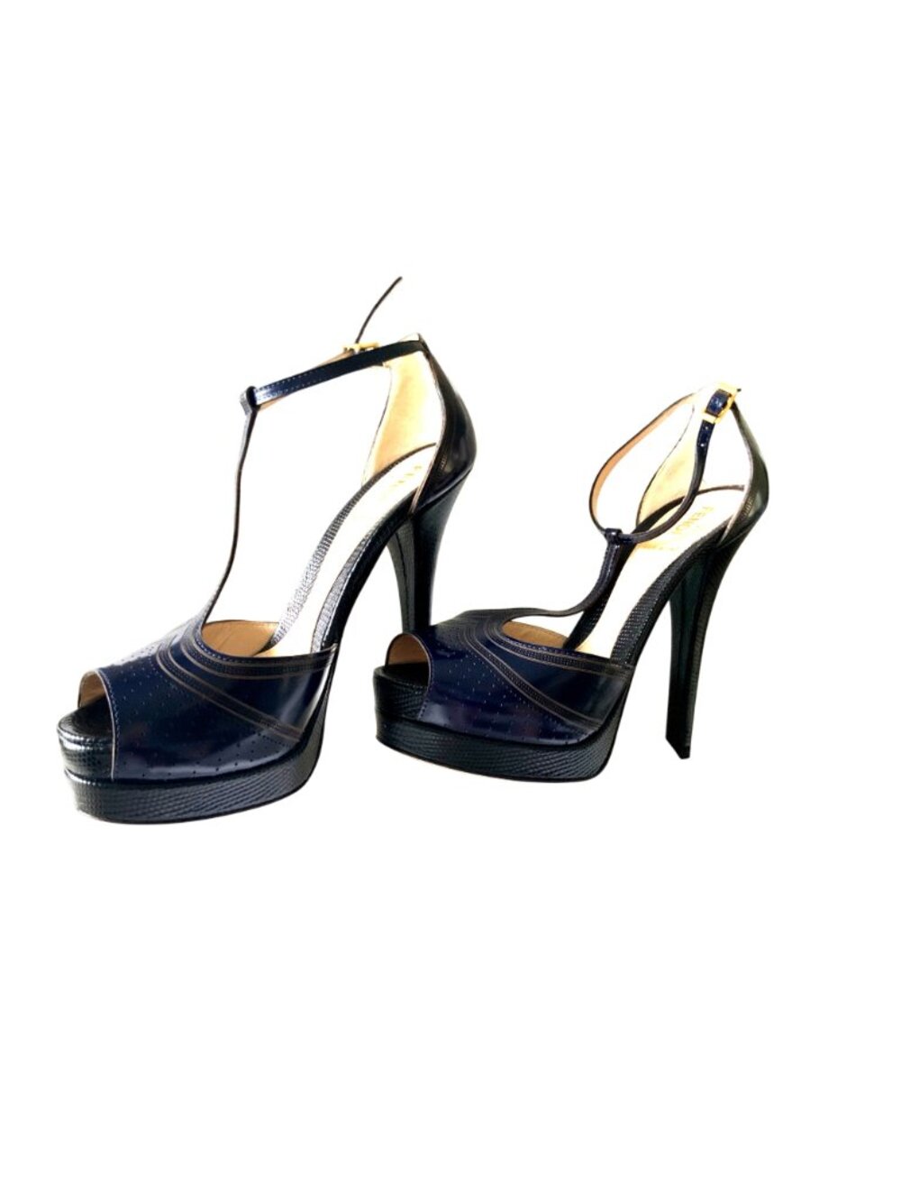 Fendi Navy & black Leather Perforated T-Strap Platform Heels Size 36 Made In Ita - Picture 3 of 11